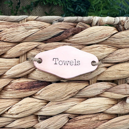 Custom Basket Label: Personalized Hand Stamped Brass or Copper Closet or Pantry Tag