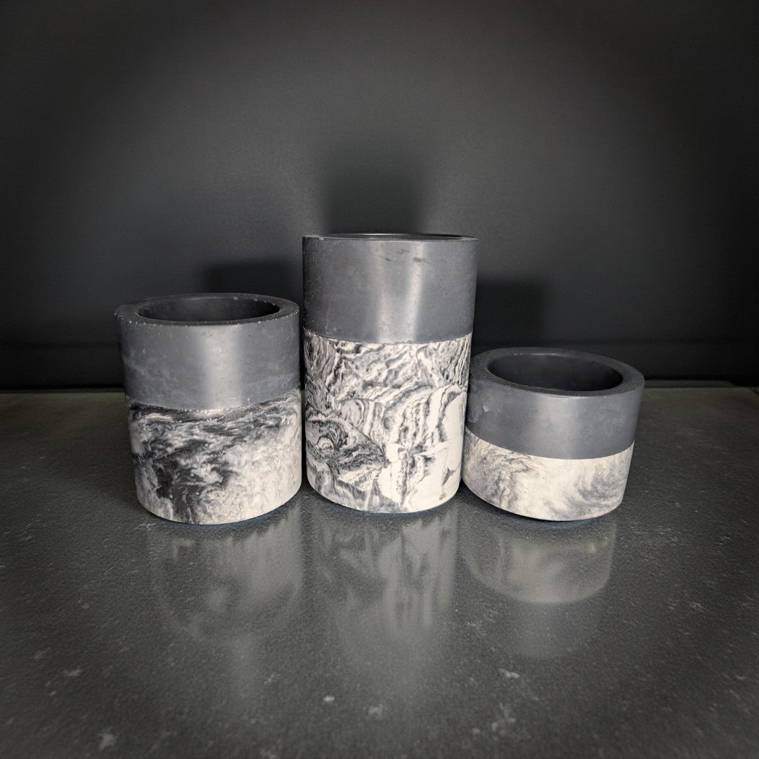 Set of 3 Concrete Tea Light Candle Holders – Gray &amp; Marble Half Design | Modern Minimalist Home Decor | Handmade Cement Candle Set