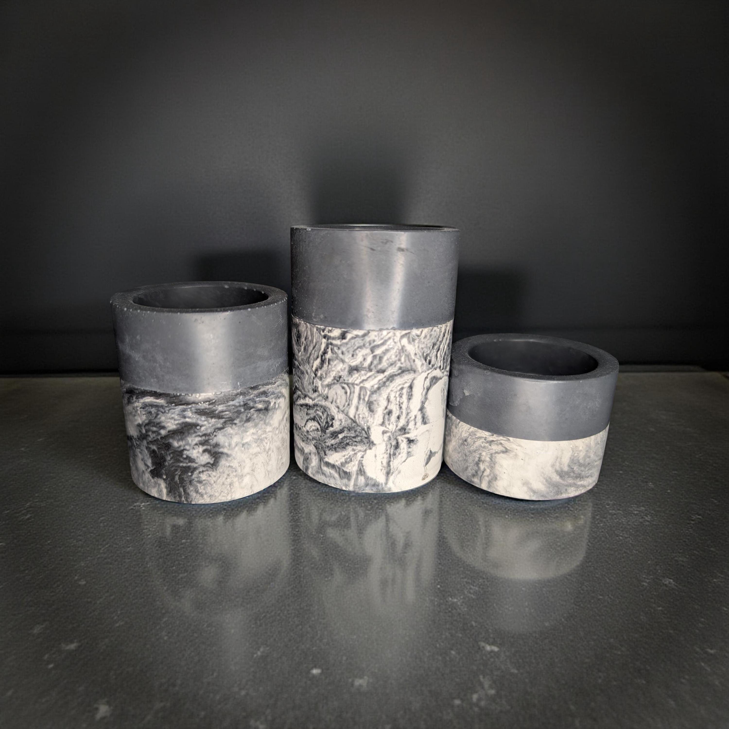 Set of 3 Concrete Tea Light Candle Holders – Gray &amp; Marble Half Design | Modern Minimalist Home Decor | Handmade Cement Candle Set