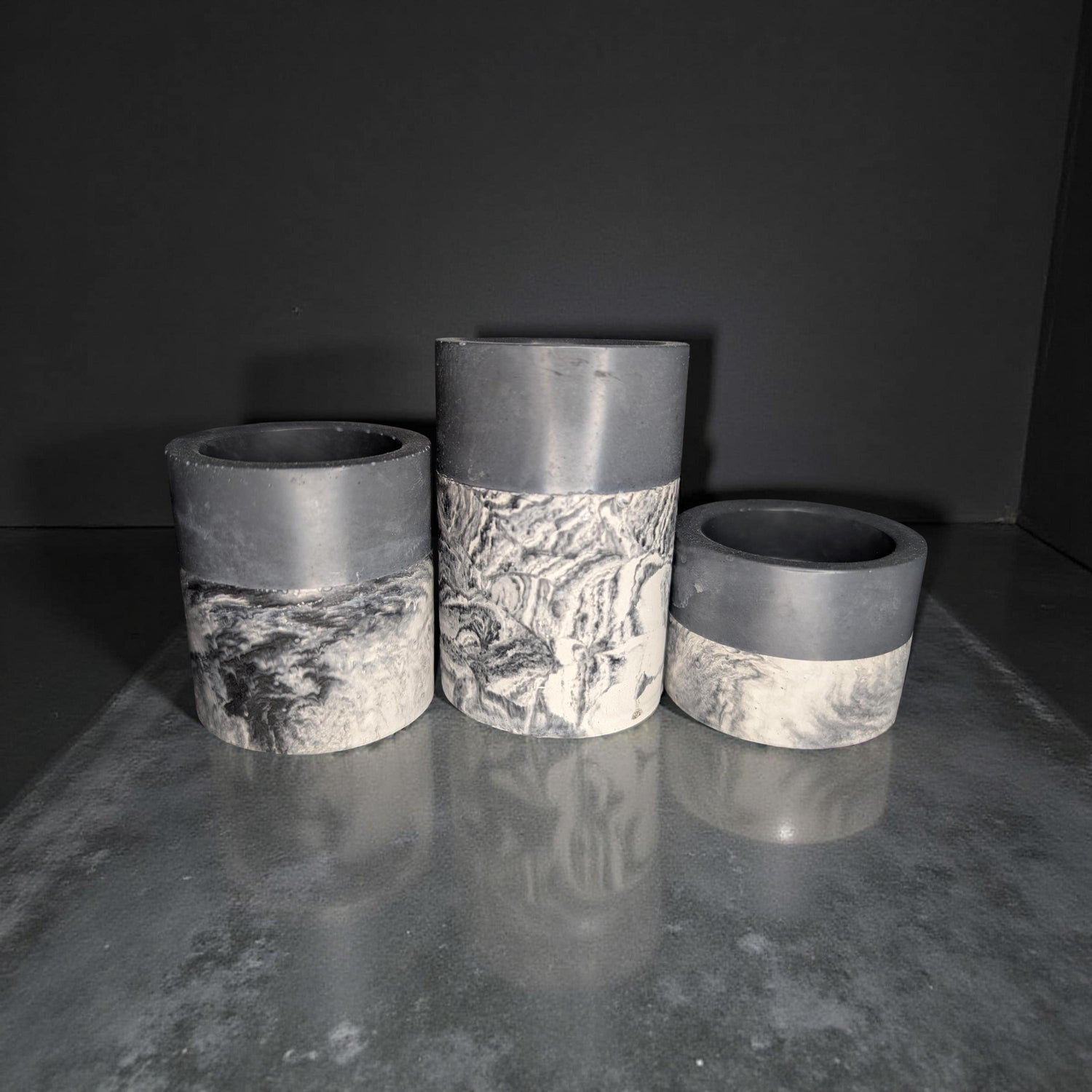 Set of 3 Concrete Tea Light Candle Holders – Gray &amp; Marble Half Design | Modern Minimalist Home Decor | Handmade Cement Candle Set