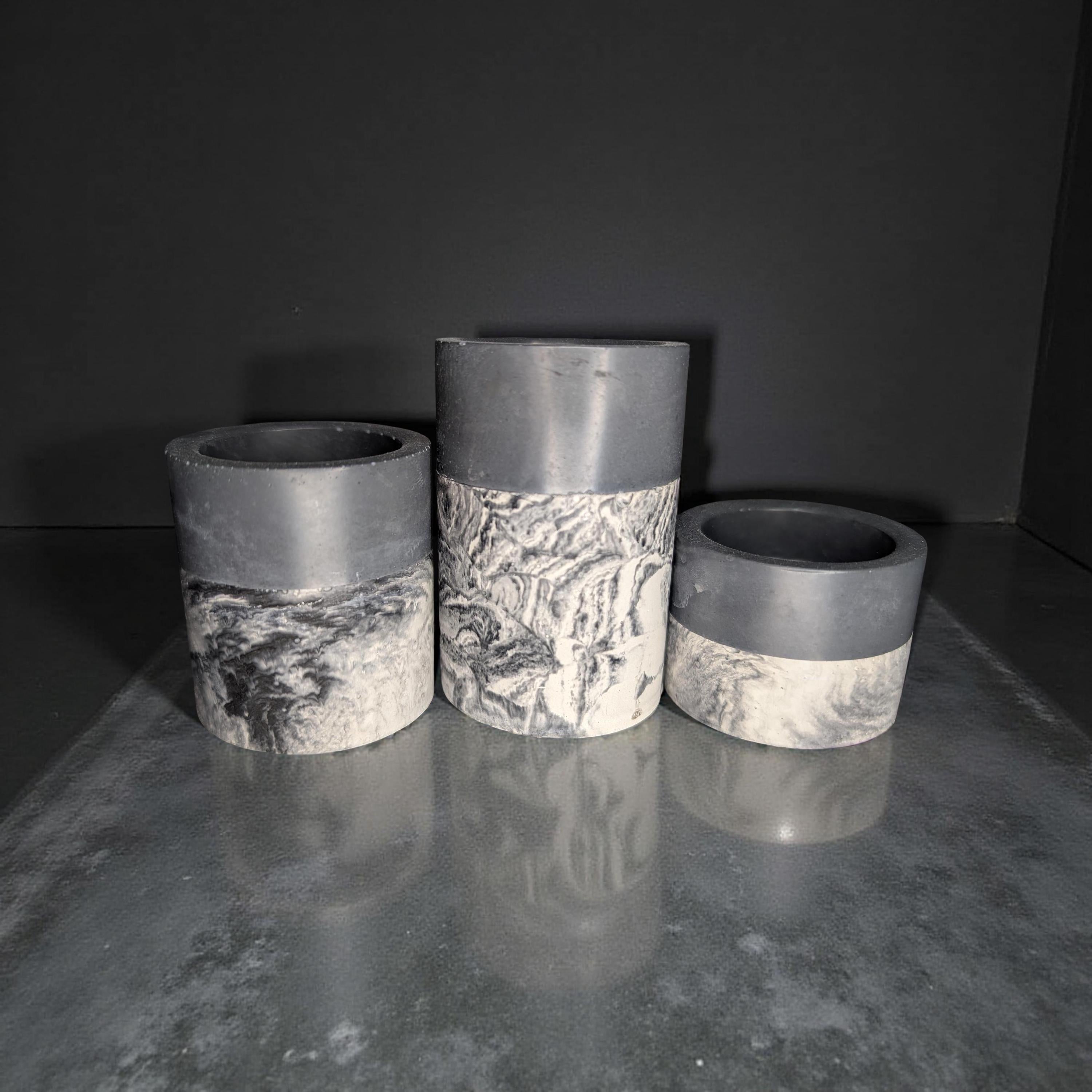 Set of 3 Concrete Tea Light Candle Holders – Gray &amp; Marble Half Design | Modern Minimalist Home Decor | Handmade Cement Candle Set