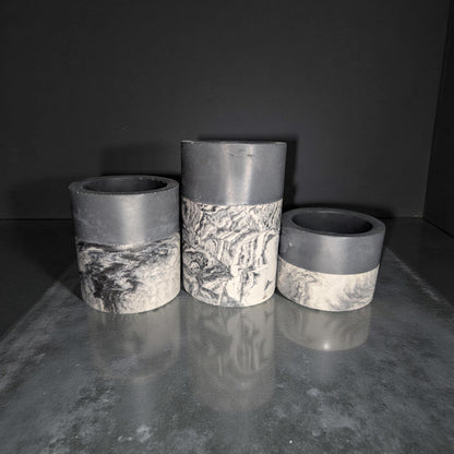 Set of 3 Concrete Tea Light Candle Holders – Gray &amp; Marble Half Design | Modern Minimalist Home Decor | Handmade Cement Candle Set
