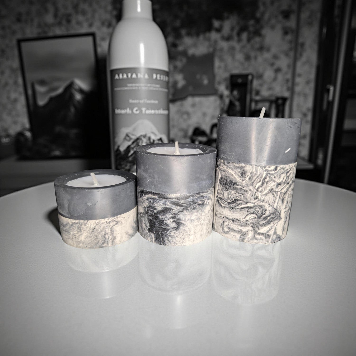 Set of 3 Concrete Tea Light Candle Holders – Gray &amp; Marble Half Design | Modern Minimalist Home Decor | Handmade Cement Candle Set
