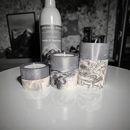 Set of 3 Concrete Tea Light Candle Holders – Gray &amp; Marble Half Design | Modern Minimalist Home Decor | Handmade Cement Candle Set