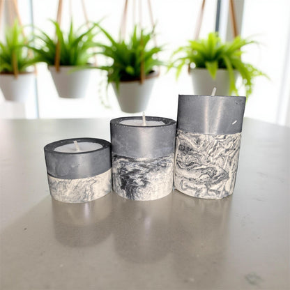 Set of 3 Concrete Tea Light Candle Holders – Gray &amp; Marble Half Design | Modern Minimalist Home Decor | Handmade Cement Candle Set