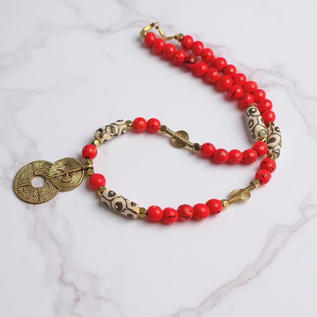 African Bronze Double Sun Necklace, Krobo Eye Beads, Brass Pendant, Tribal Boho Style