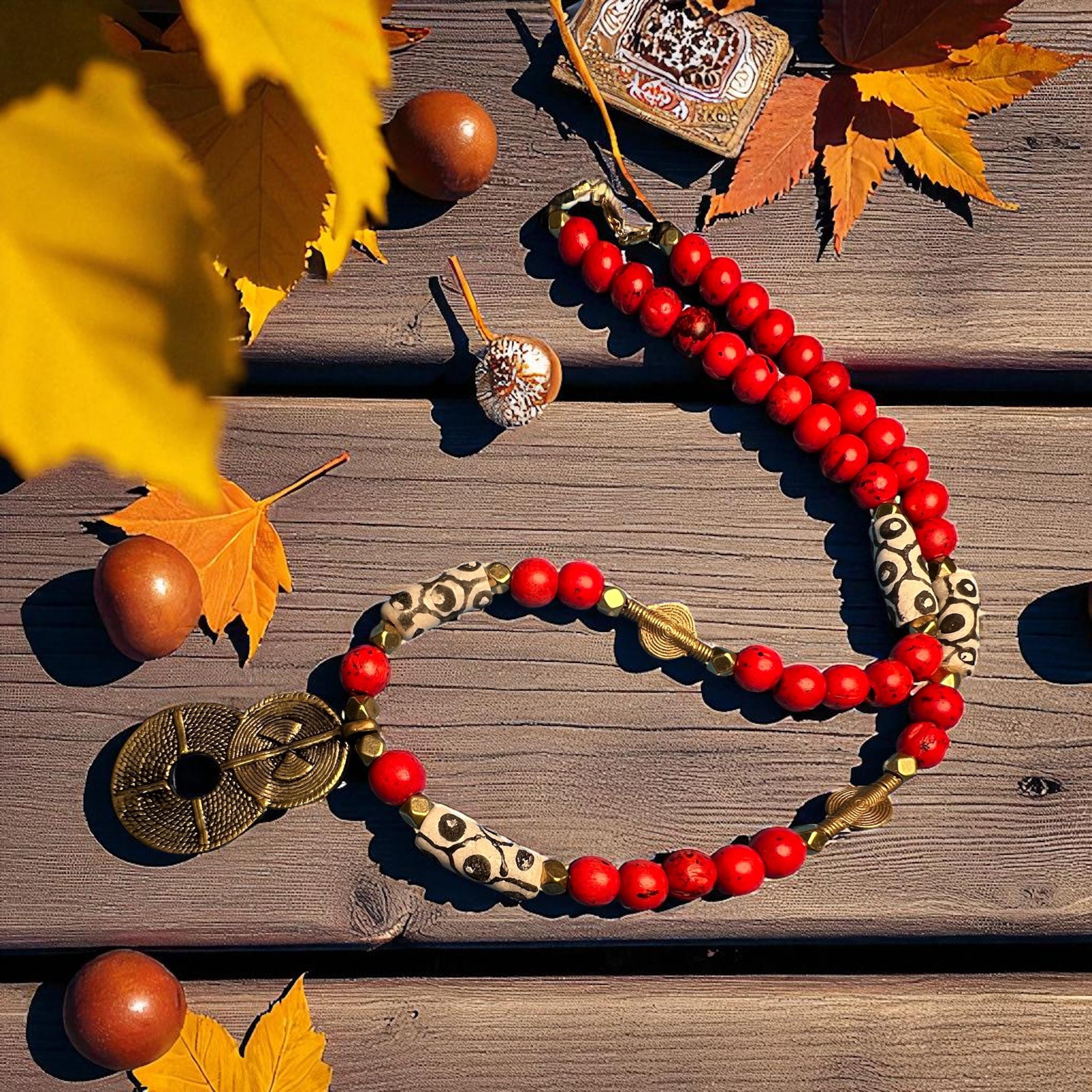 African Bronze Double Sun Necklace, Krobo Eye Beads, Brass Pendant, Tribal Boho Style
