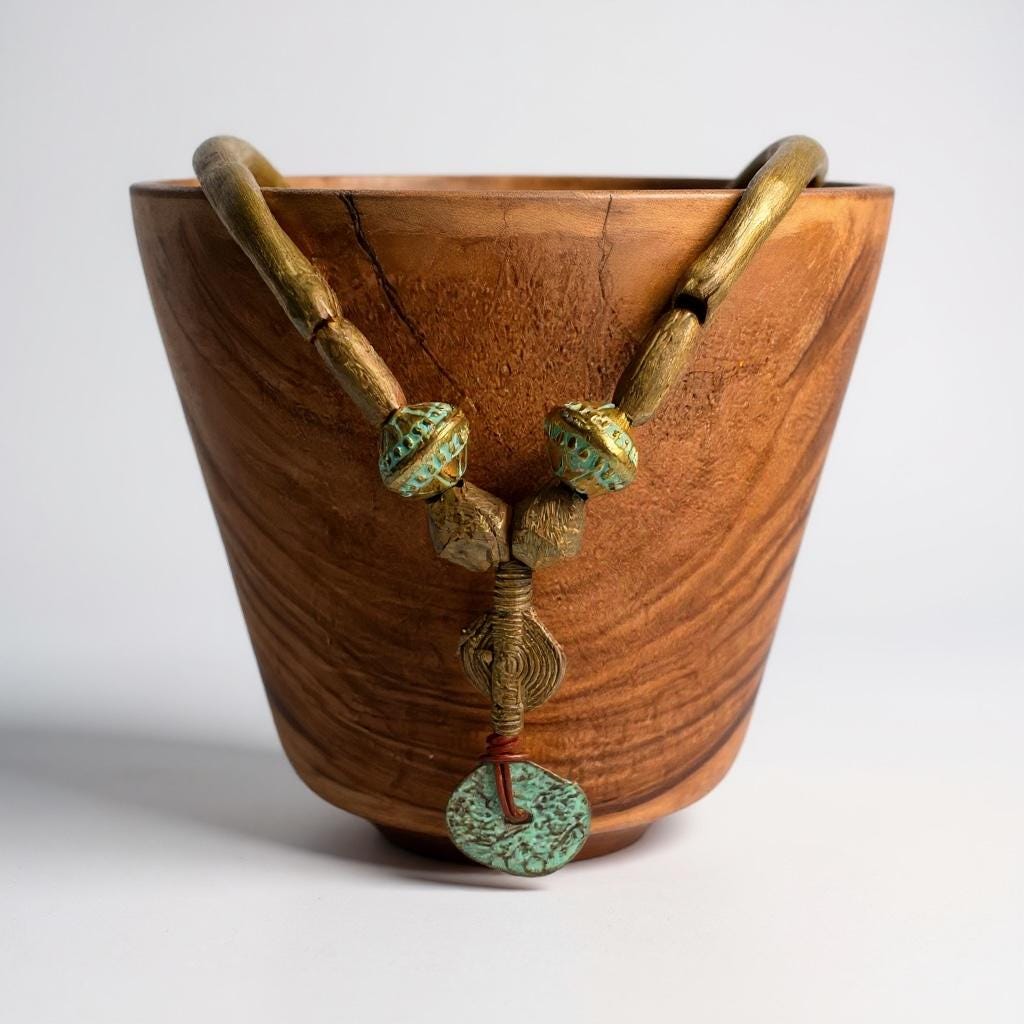 Handmade Mykonos Copper Pendant Necklace, Turquoise Napoli, Ethiopian Brass, Smoky Quartz, 19 Inch