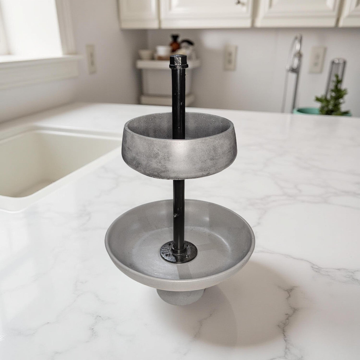 Handmade Concrete Tiered Tray with Adjustable Top | 19&amp;quot; Tall Modern Industrial Display Stand | 2-Tier Concrete Bowl Organizer