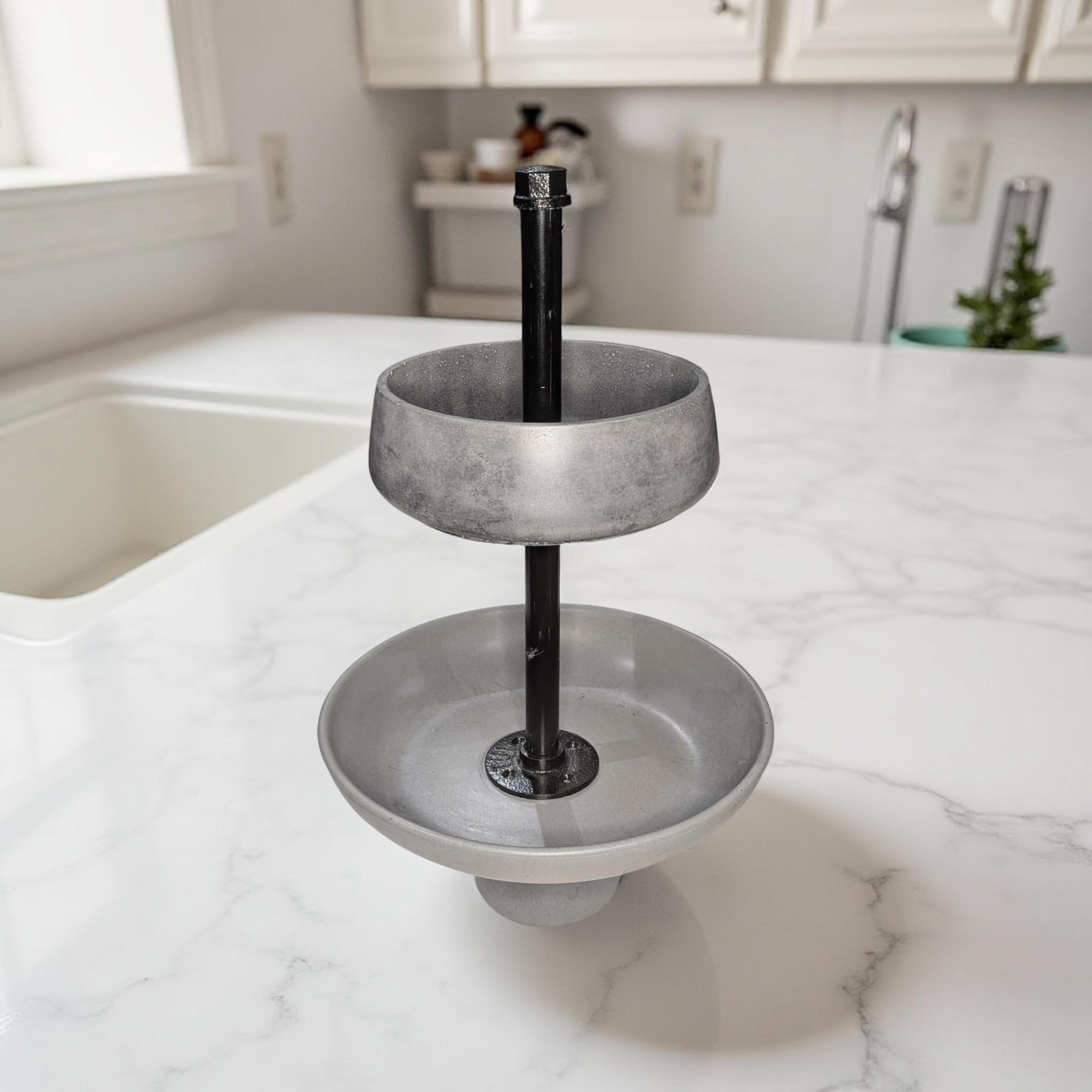 Handmade Concrete Tiered Tray with Adjustable Top | 19&amp;quot; Tall Modern Industrial Display Stand | 2-Tier Concrete Bowl Organizer