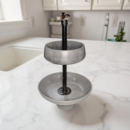 Handmade Concrete Tiered Tray with Adjustable Top | 19&amp;quot; Tall Modern Industrial Display Stand | 2-Tier Concrete Bowl Organizer
