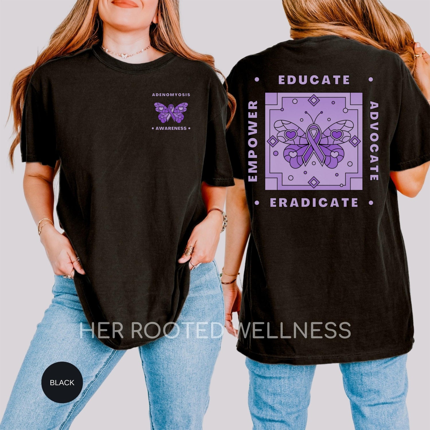 Adenomyosis Awareness Shirt, Comfort Colors Adeno Warrior Tee, Purple Butterfly Educate Advocate Empower Eradicate Tshirt, Support Gift Idea