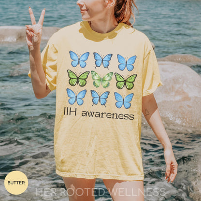 IIH Awareness Shirt | Butterfly Idiopathic Intracranial Hypertension Tee | Comfort Colors Pseudotumor Cerebri Tshirt, Blue Green Ribbon Gift