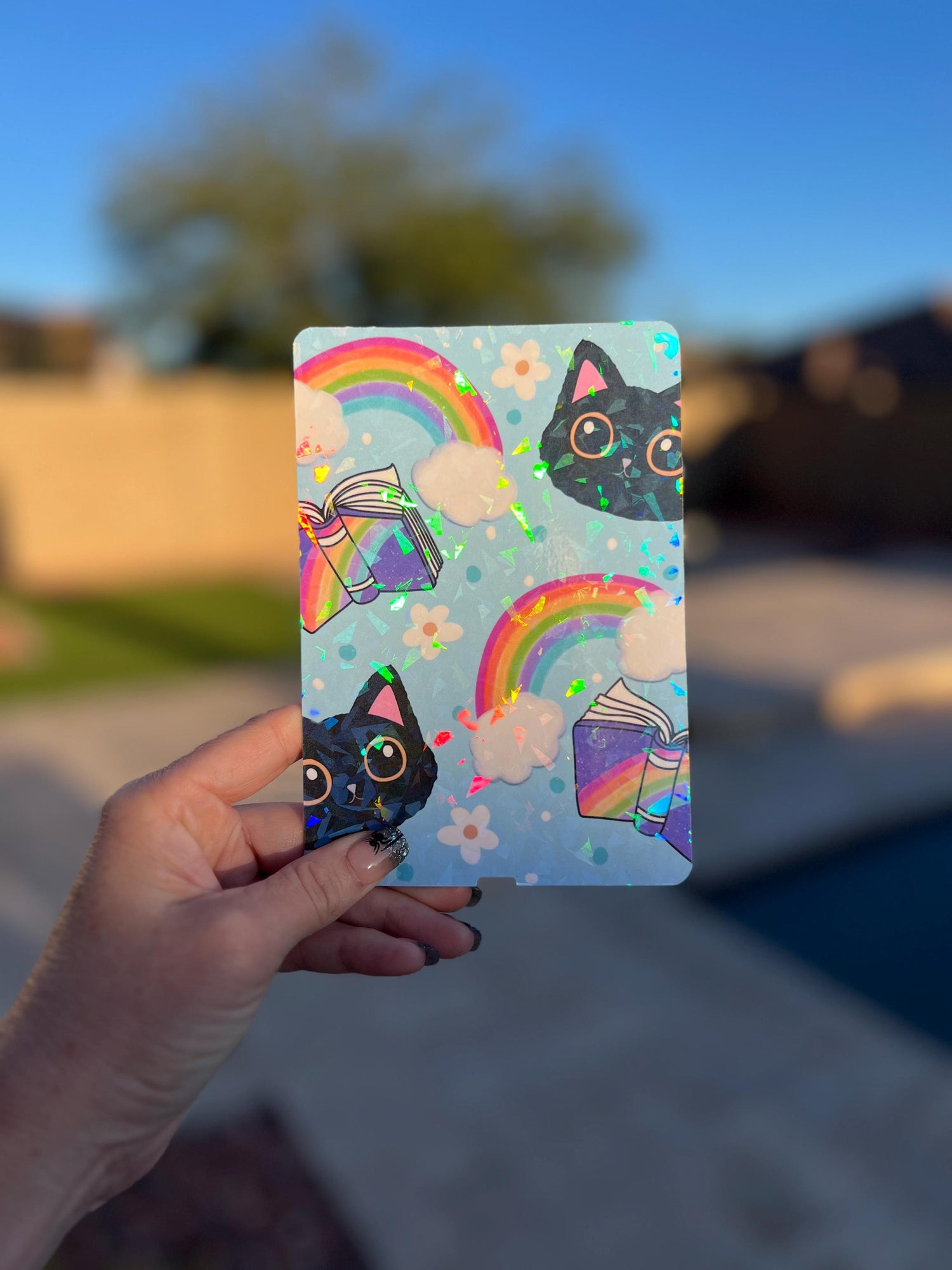 Rainbow Cat Kindle Insert – E-Reader Case Art, Holographic or Clear Bookish Accessory, Cute Cat Lover Gift, Book Lover Reading Insert