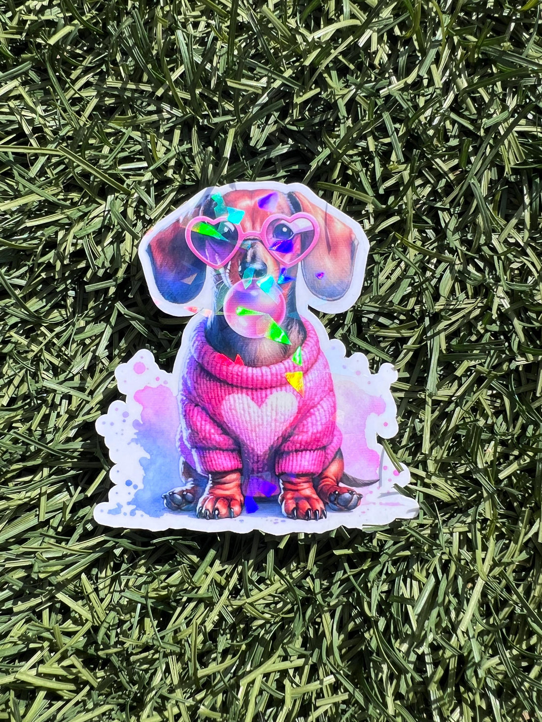 Dachshund Sticker, Bubblegum Wiener Dog Decal, Cute Dog Mom Gift, 2 or 3 Inch, Clear or Holographic Overlay