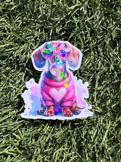Dachshund Dog Sticker: Pink Sweater, Heart Glasses - Water-Resistant Vinyl