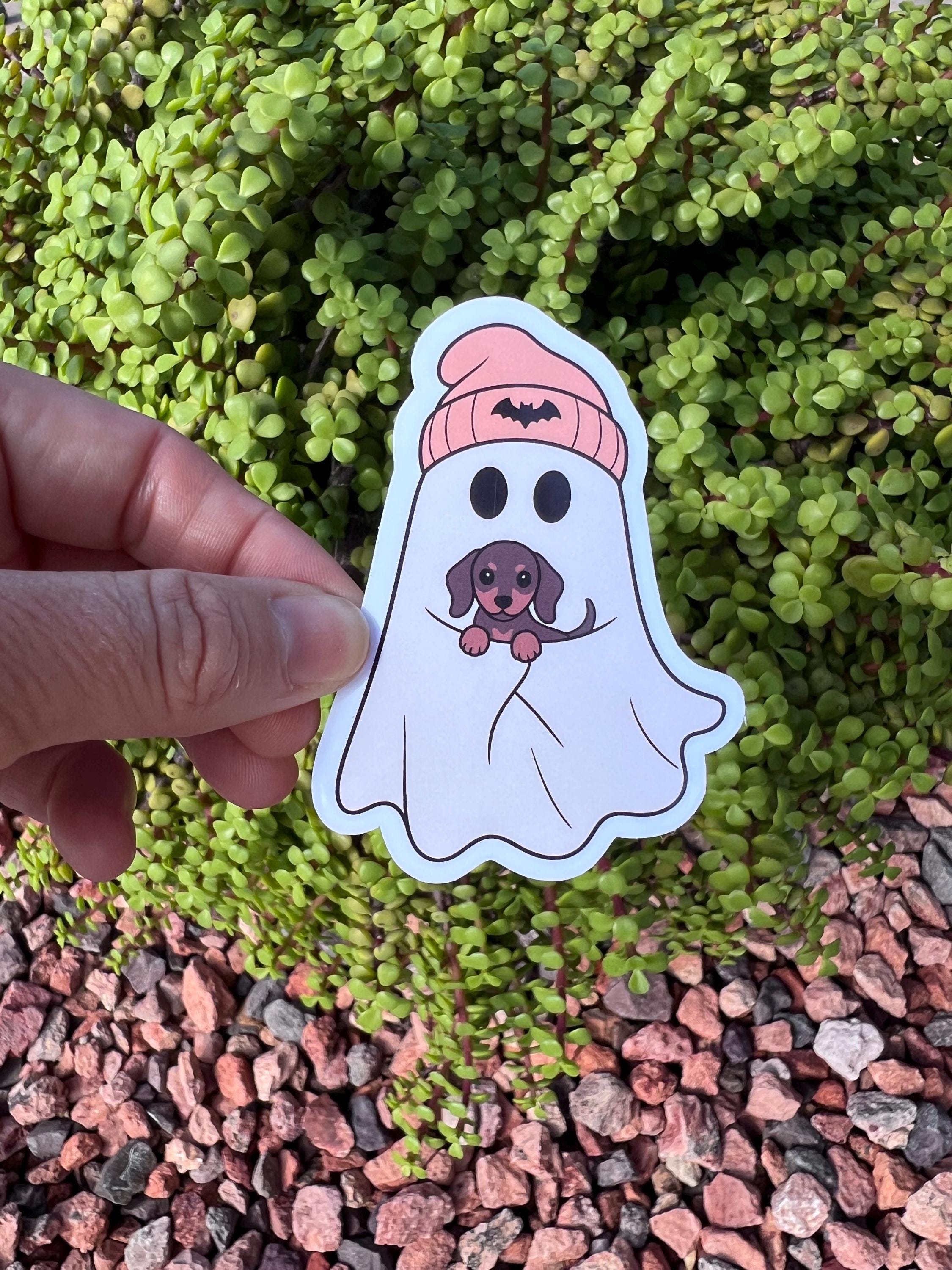 Ghost Dachshund Sticker, Cute Halloween Dog Mom Decal, Beanie Ghost Wiener Dog Sticker, 2 or 3 Inch, Clear or Holographic