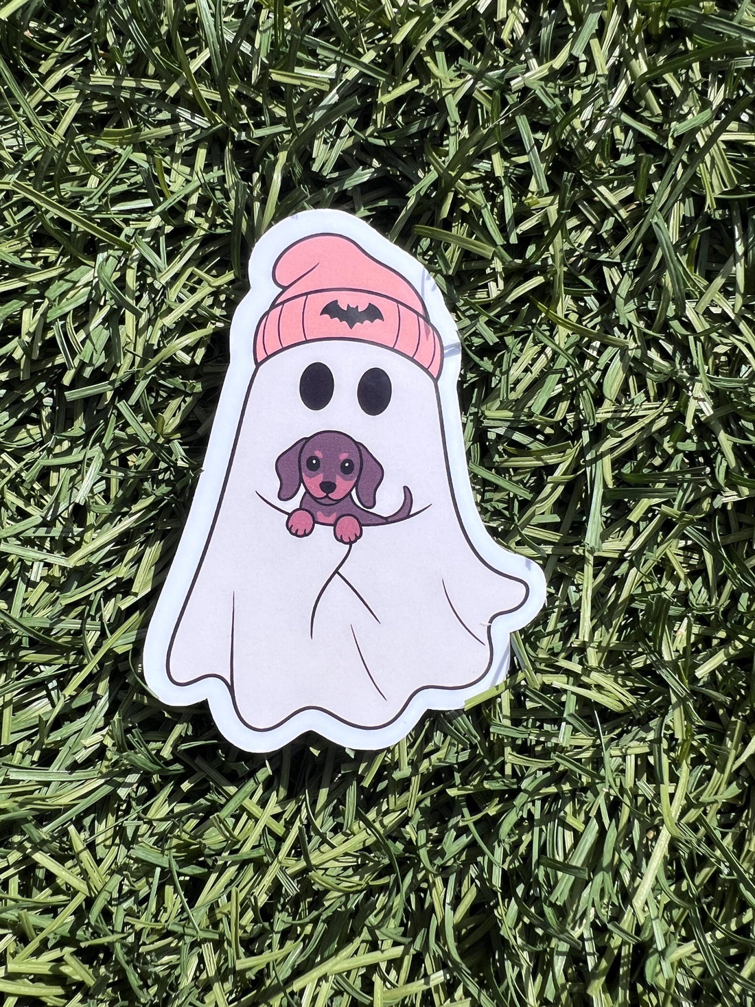 Ghost Dachshund Sticker, Cute Halloween Dog Mom Decal, Beanie Ghost Wiener Dog Sticker, 2 or 3 Inch, Clear or Holographic