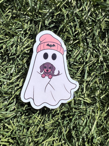 Ghost Dachshund Sticker, Cute Halloween Dog Mom Decal, Beanie Ghost Wiener Dog Sticker, 2 or 3 Inch, Clear or Holographic