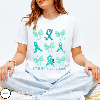 Coquette Bows and Ribbons PMDD Awareness Shirt | Teal Premenstrual Dysphoric Disorder Awareness Tee | Support Gift for Women with PMDD