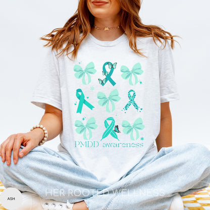 Coquette Bows and Ribbons PMDD Awareness Shirt | Teal Premenstrual Dysphoric Disorder Awareness Tee | Support Gift for Women with PMDD
