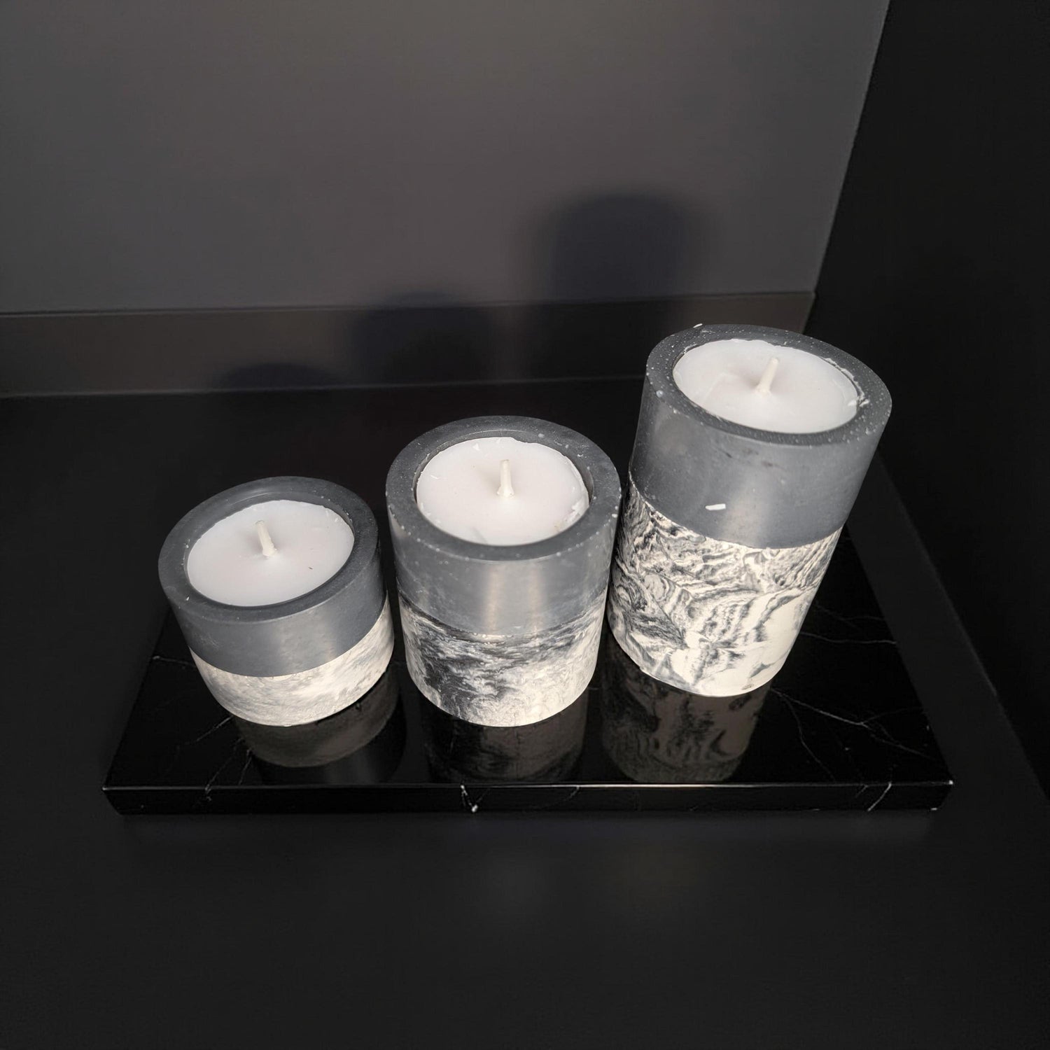 Set of 3 Concrete Tea Light Candle Holders – Gray &amp; Marble Half Design | Modern Minimalist Home Decor | Handmade Cement Candle Set