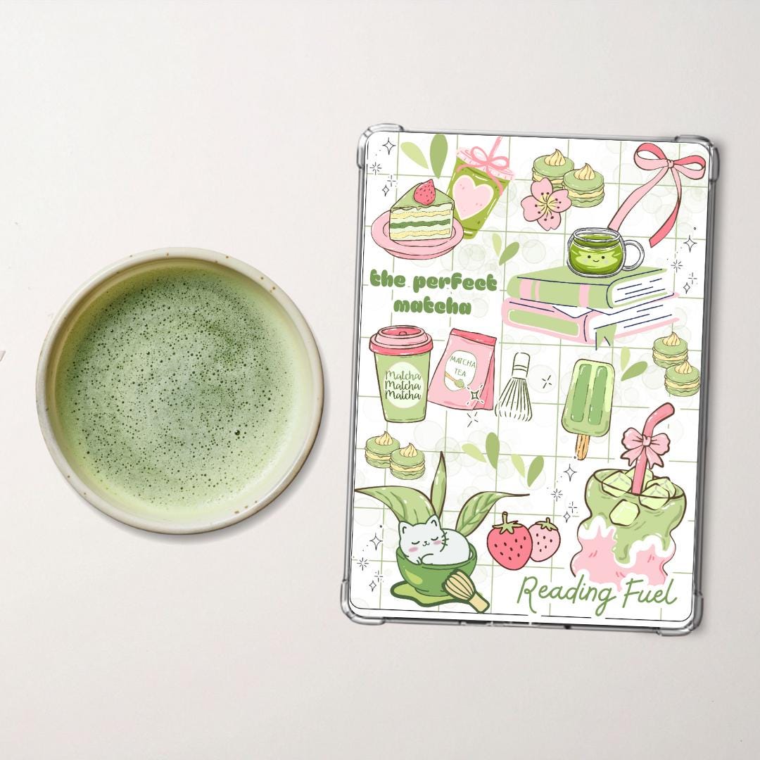 Matcha Kindle Insert, Kawaii Green Pink E-reader Accessory (Matte Cardstock)