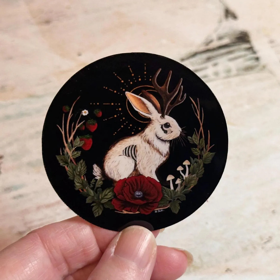 Jackalope Art Vinyl Sticker: Gothic Cryptid Rabbit, Dark Cottagecore Decor - Original Hand Painted Art
