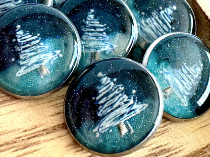 Medium Round Buttons - Winter Night Sky Christmas Trees - 16mm