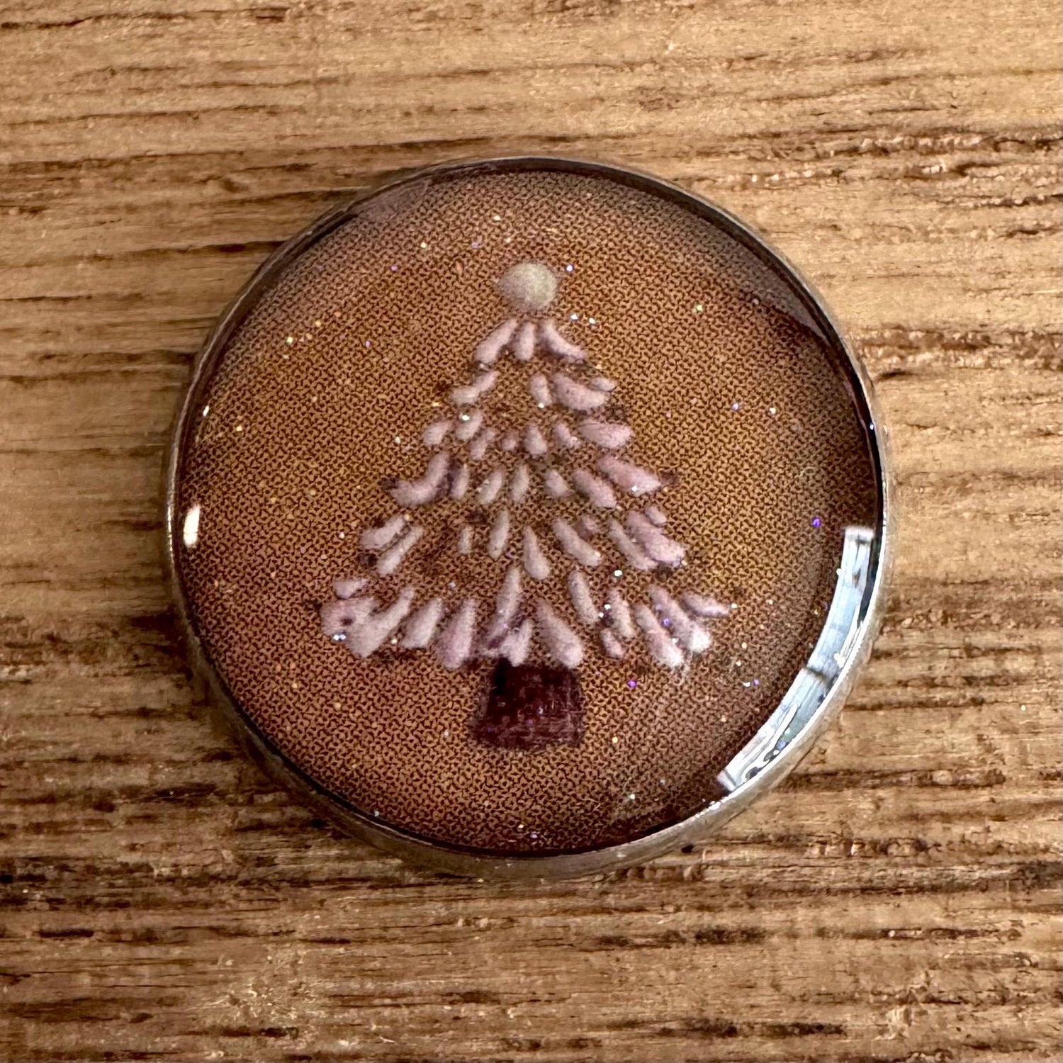 Medium Round Buttons - Snowy Pink Winter Trees with Glitter - 16mm