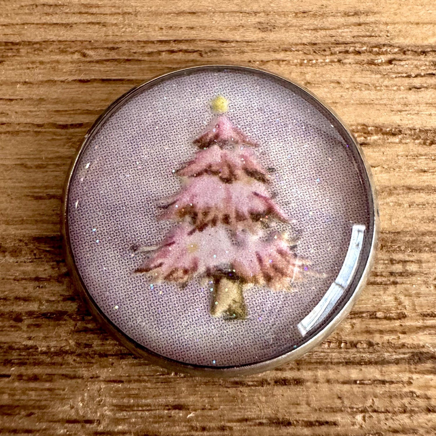 Medium Round Buttons - Snowy Pink Winter Trees with Glitter - 16mm