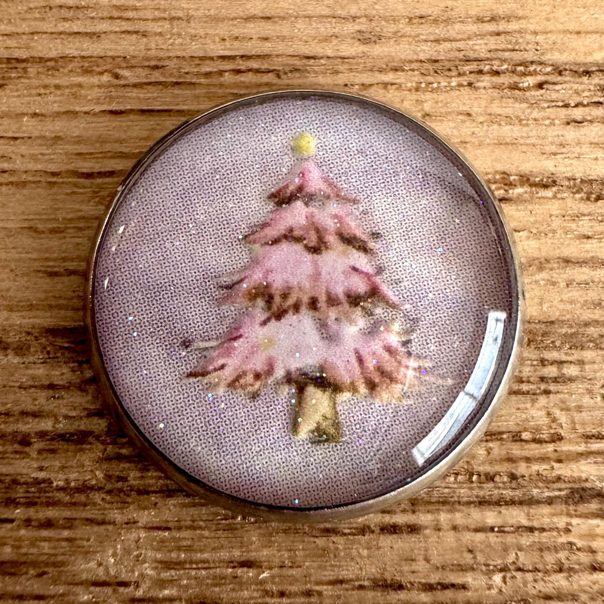 Medium Round Buttons - Snowy Pink Winter Trees with Glitter - 16mm