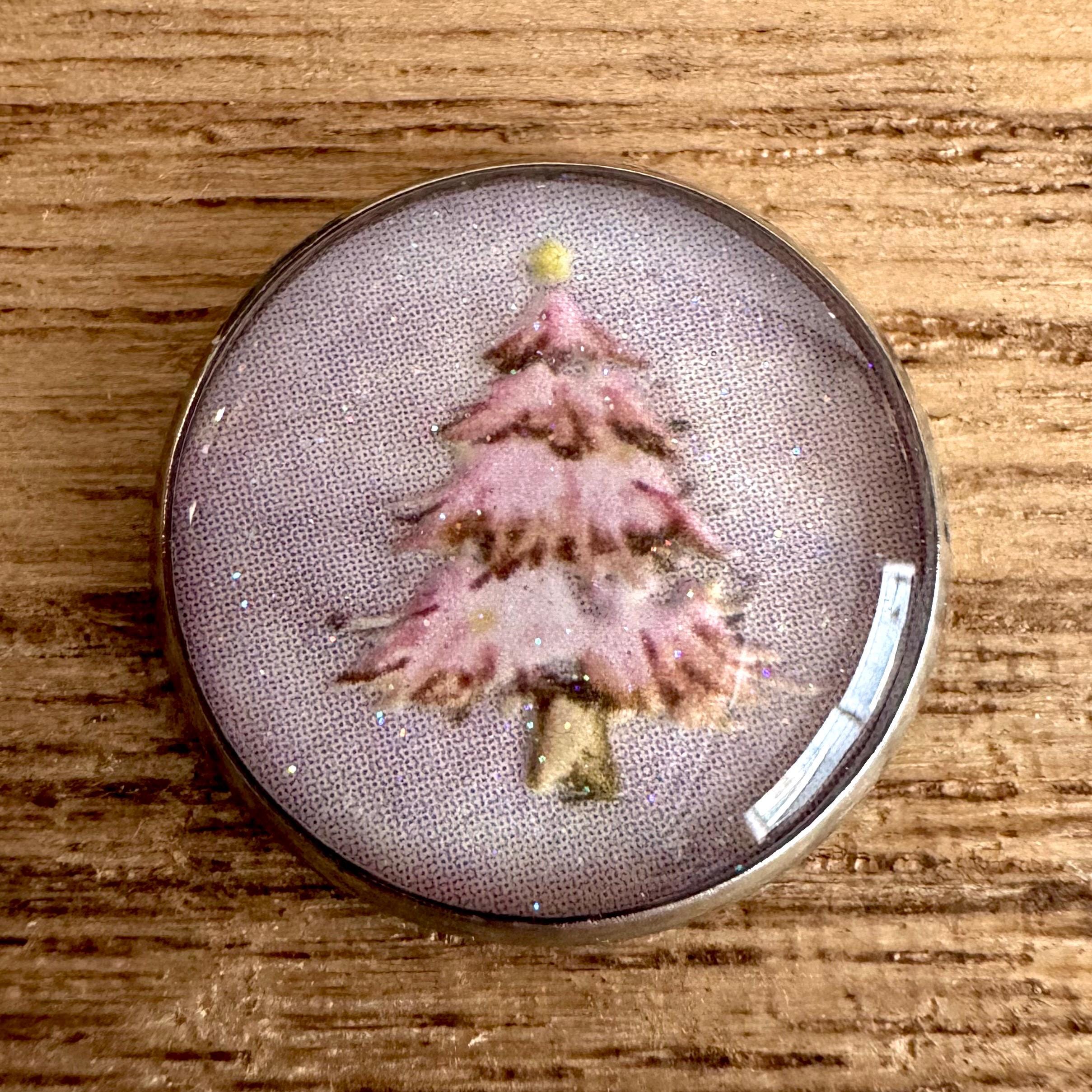 Medium Round Buttons - Snowy Pink Winter Trees with Glitter - 16mm