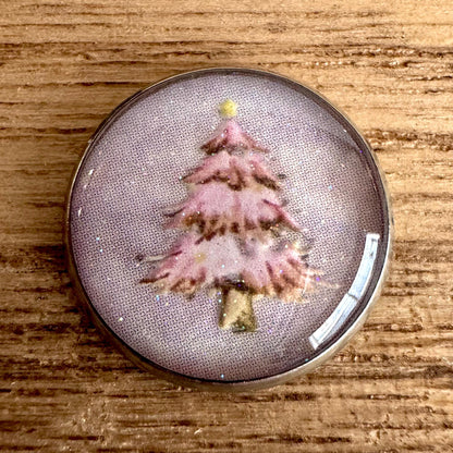 Medium Round Buttons - Snowy Pink Winter Trees with Glitter - 16mm