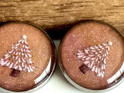 Medium Round Buttons - Snowy Pink Winter Trees with Glitter - 16mm