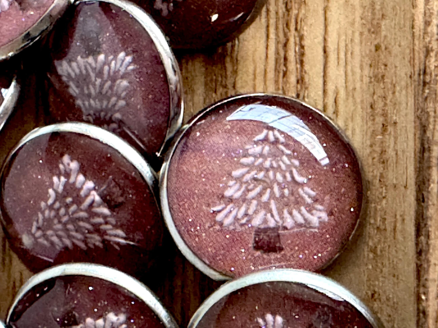 Medium Round Buttons - Snowy Pink Winter Trees with Glitter - 16mm