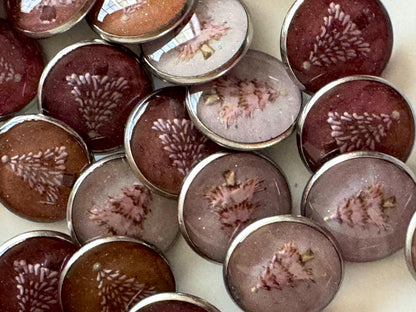 Medium Round Buttons - Snowy Pink Winter Trees with Glitter - 16mm