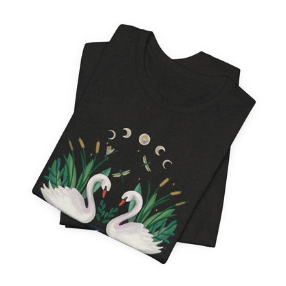 Swan Graphic Tee - Floral Moon Design, Nature Lover Unisex Shirt