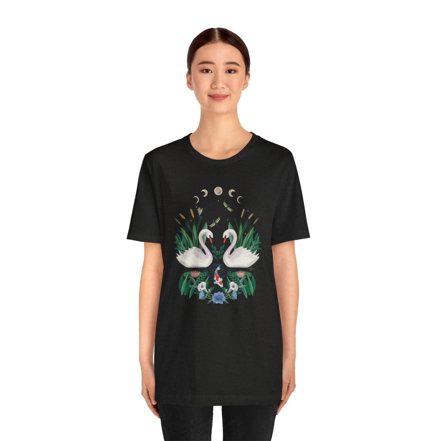 Swan Graphic Tee - Floral Moon Design, Nature Lover Unisex Shirt