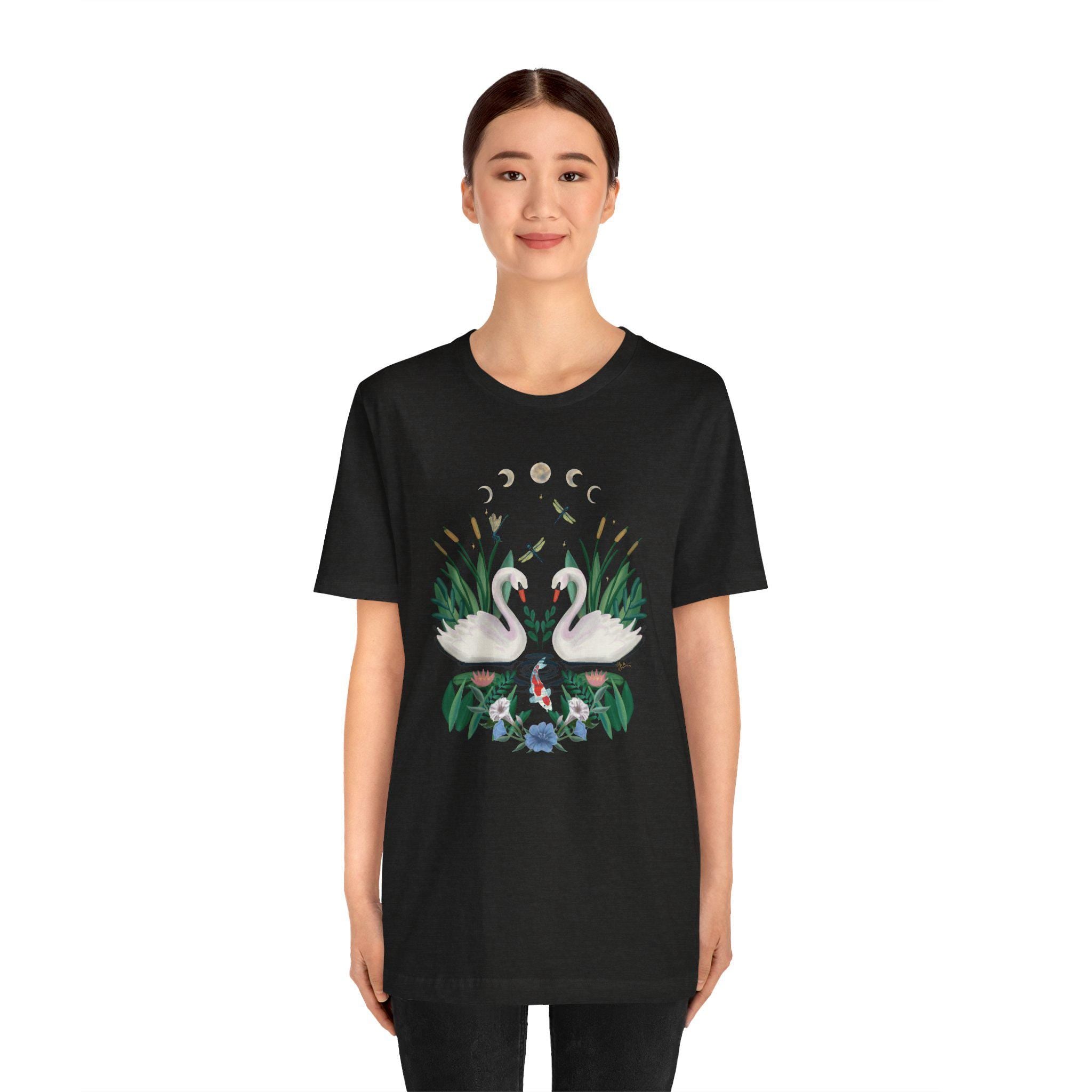 Swan Graphic Tee - Floral Moon Design, Nature Lover Unisex Shirt