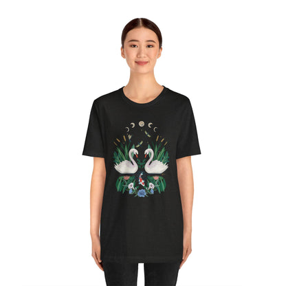 Swan Graphic Tee - Floral Moon Design, Nature Lover Unisex Shirt