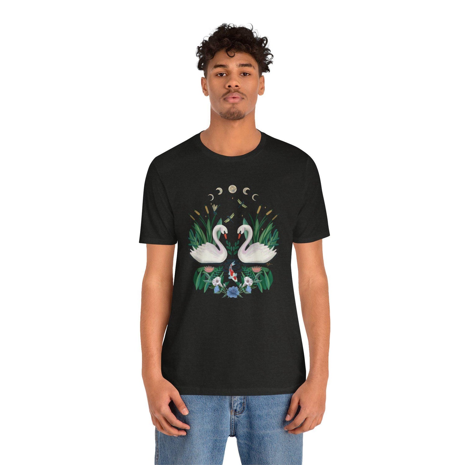 Swan Graphic Tee - Floral Moon Design, Nature Lover Unisex Shirt