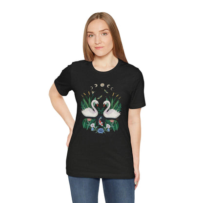 Swan Graphic Tee - Floral Moon Design, Nature Lover Unisex Shirt