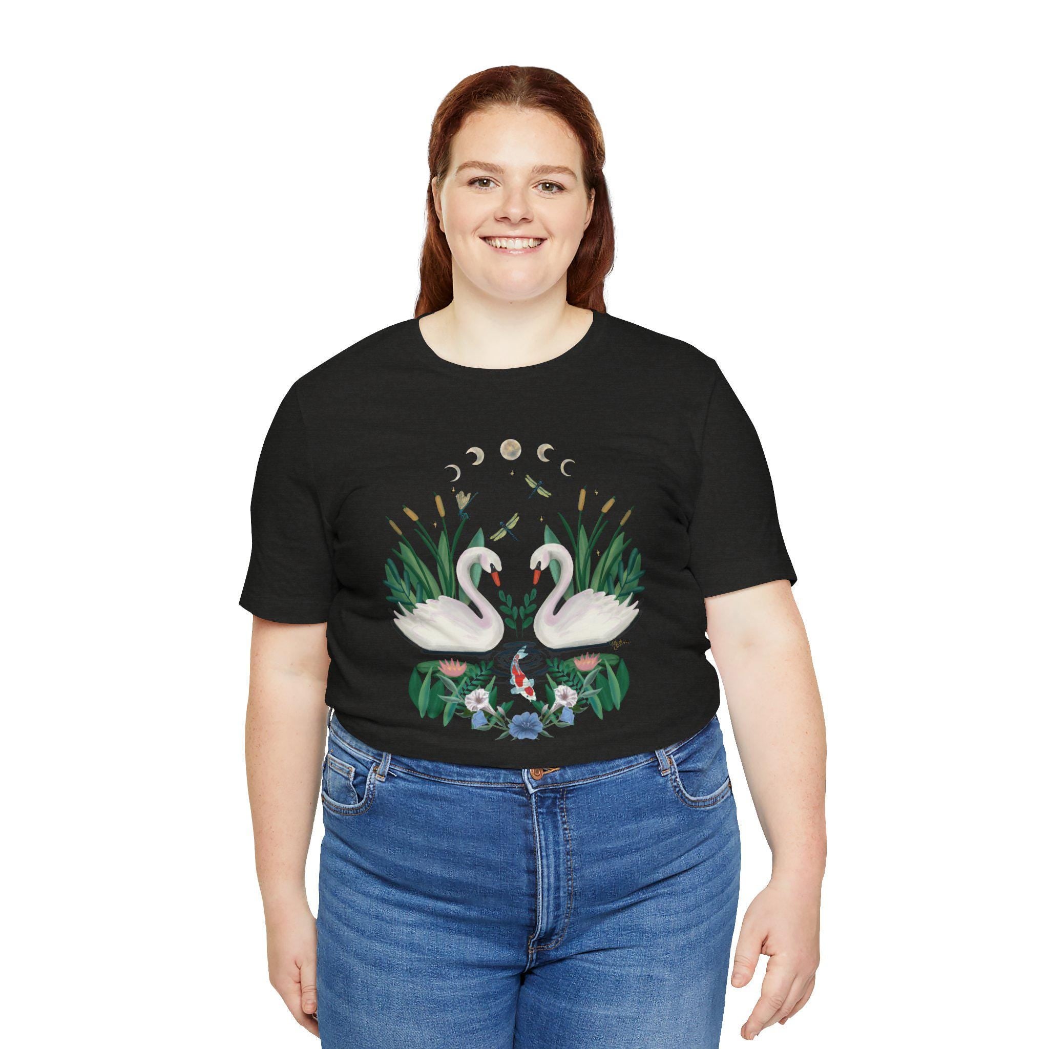 Swan Graphic Tee - Floral Moon Design, Nature Lover Unisex Shirt
