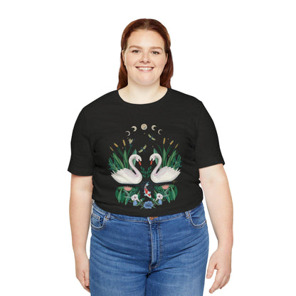 Swan Graphic Tee - Floral Moon Design, Nature Lover Unisex Shirt