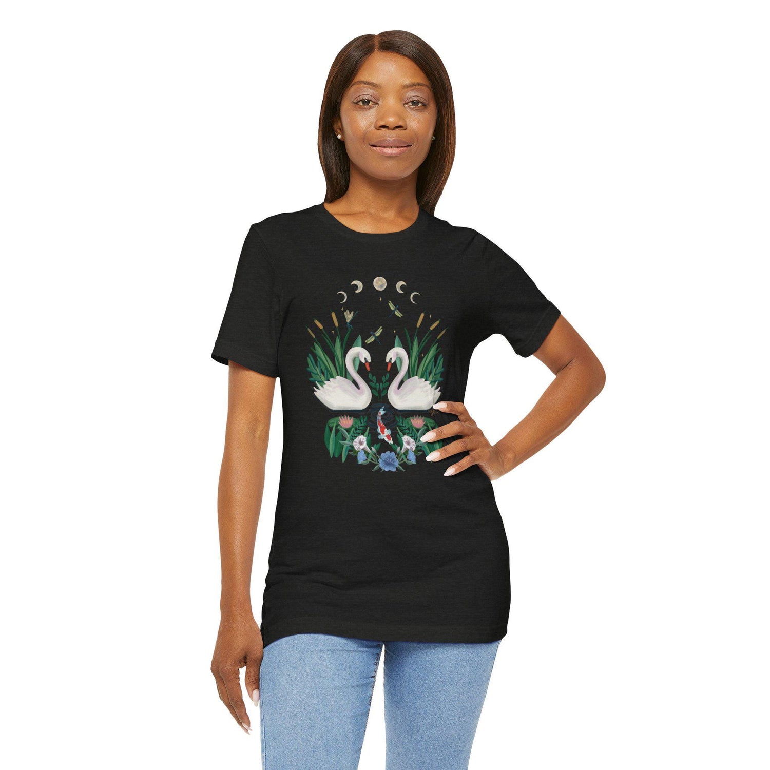 Swan Graphic Tee - Floral Moon Design, Nature Lover Unisex Shirt