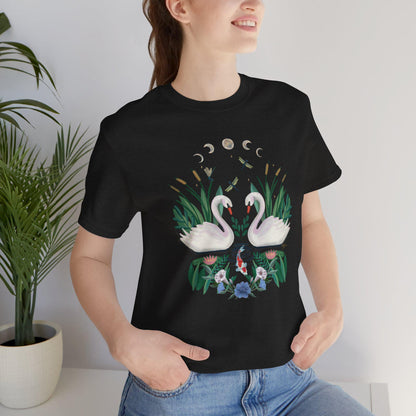 Swan Graphic Tee - Floral Moon Design, Nature Lover Unisex Shirt