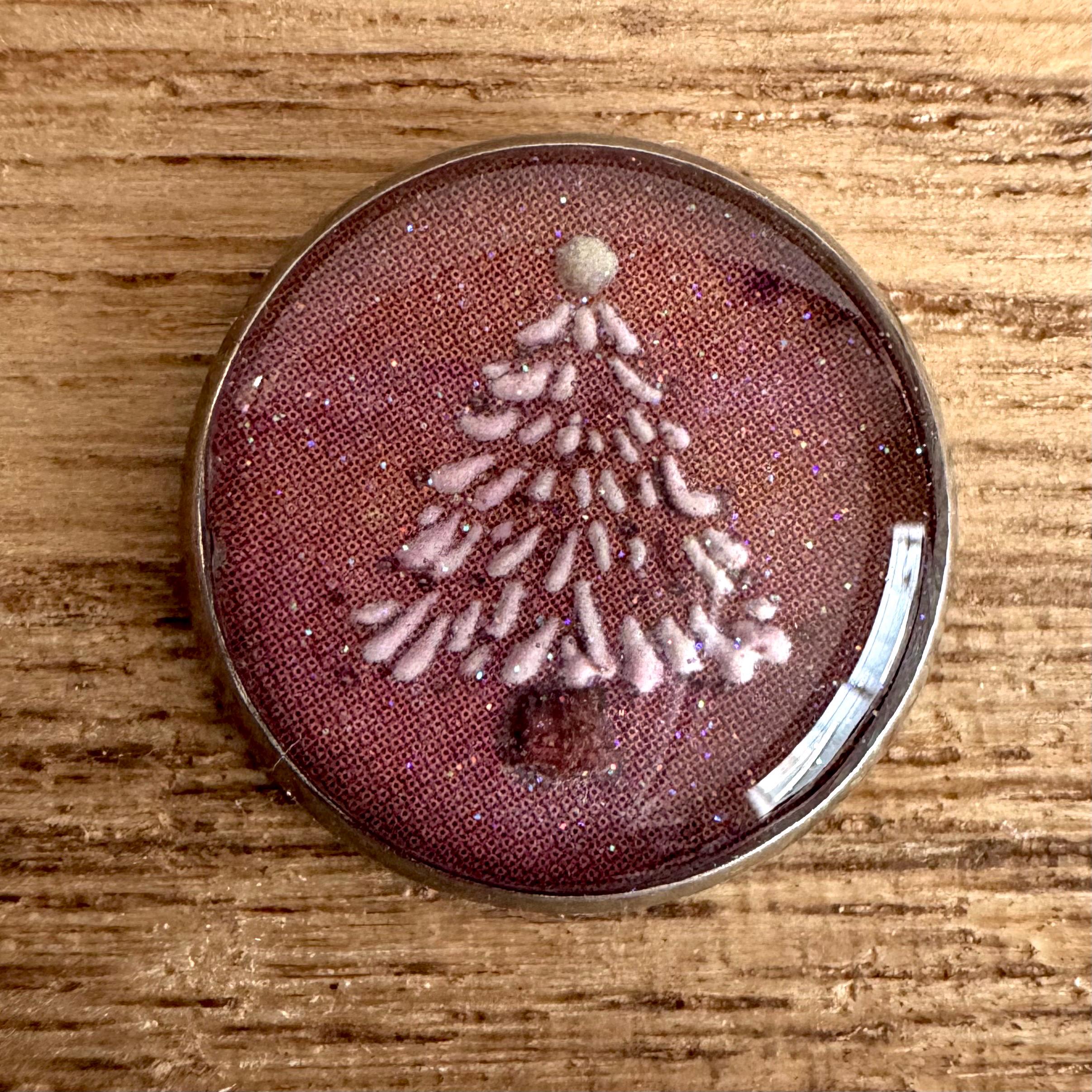 Medium Round Buttons - Snowy Pink Winter Trees with Glitter - 16mm
