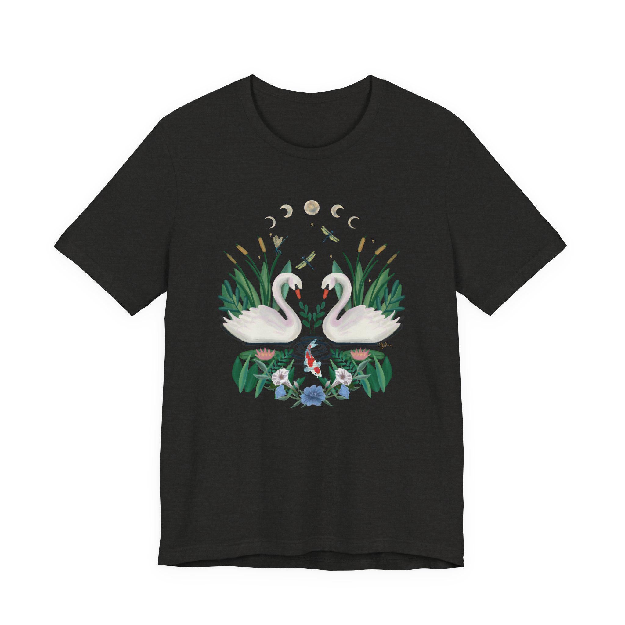 Swan Graphic Tee - Floral Moon Design, Nature Lover Unisex Shirt