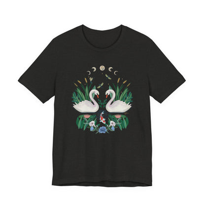 Swan Graphic Tee - Floral Moon Design, Nature Lover Unisex Shirt